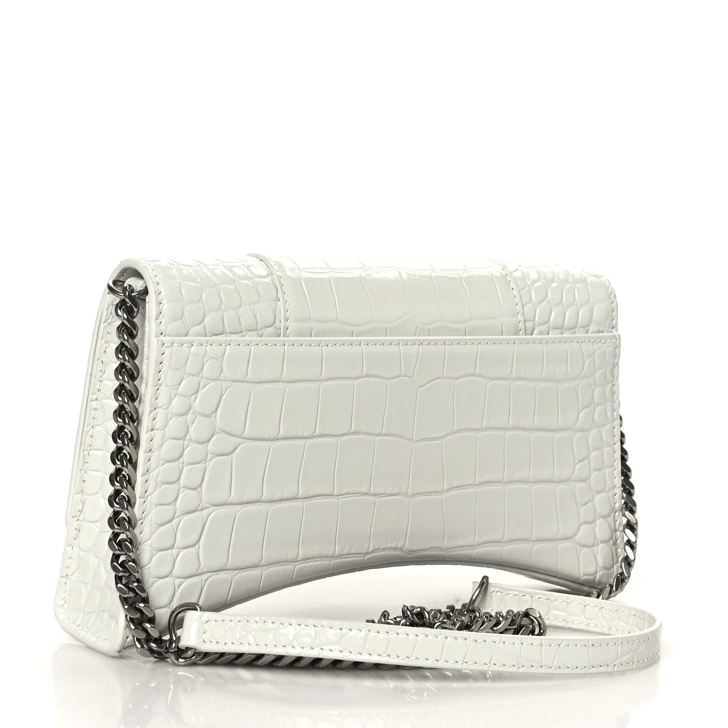 Shiny Calfskin Crocodile Embossed Small Hourglass Evening Chain Bag White
