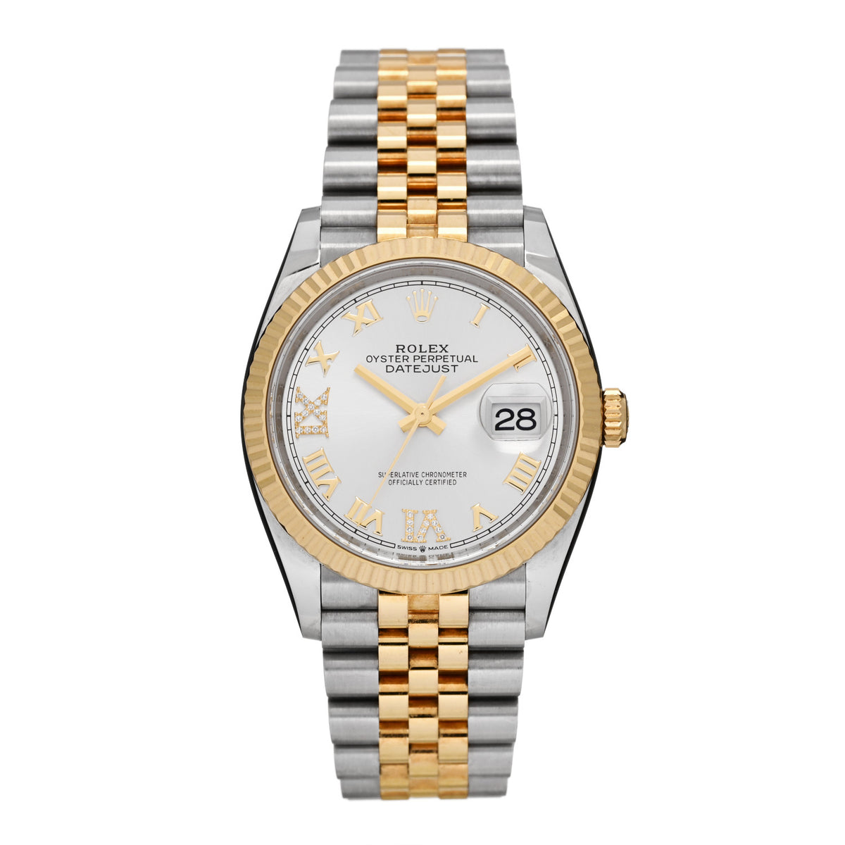 Rolex Stainless Steel 18K Yellow Gold Diamond 36mm Oyster Perpetual Datejust Watch Silver Roman 126233 1 of 5