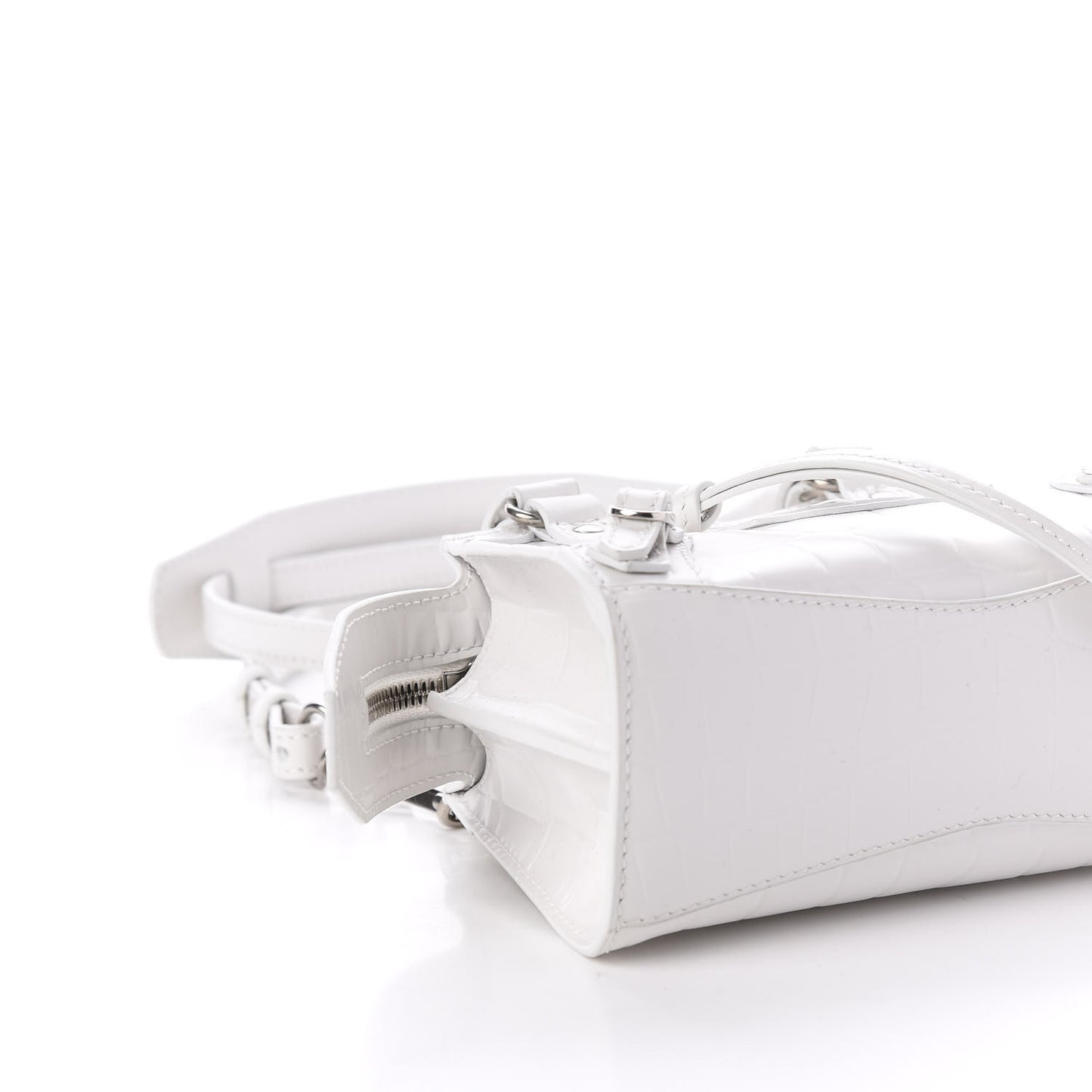 Semi Shiny Calfskin Crocodile Embossed Neo Classic Silver Hardware Nano City Crossbody White
