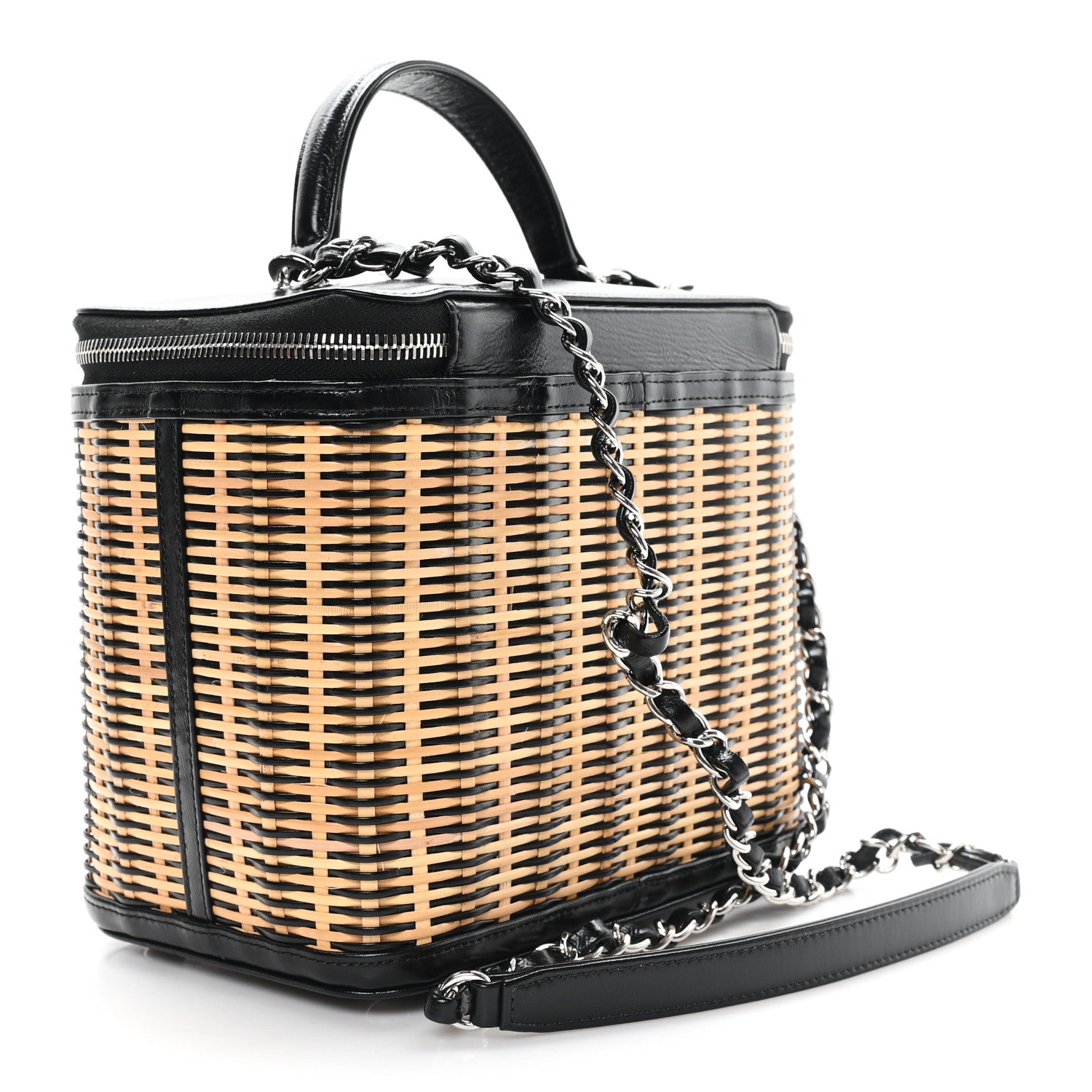 Chanel Glazed Calfskin Raffia Vanity Case Bag Black Beige 3 of 10