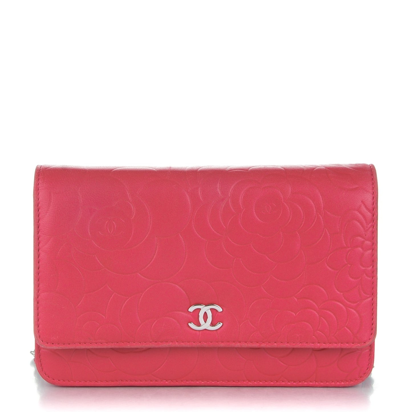 Lambskin Camellia Embossed Wallet on Chain WOC Pink