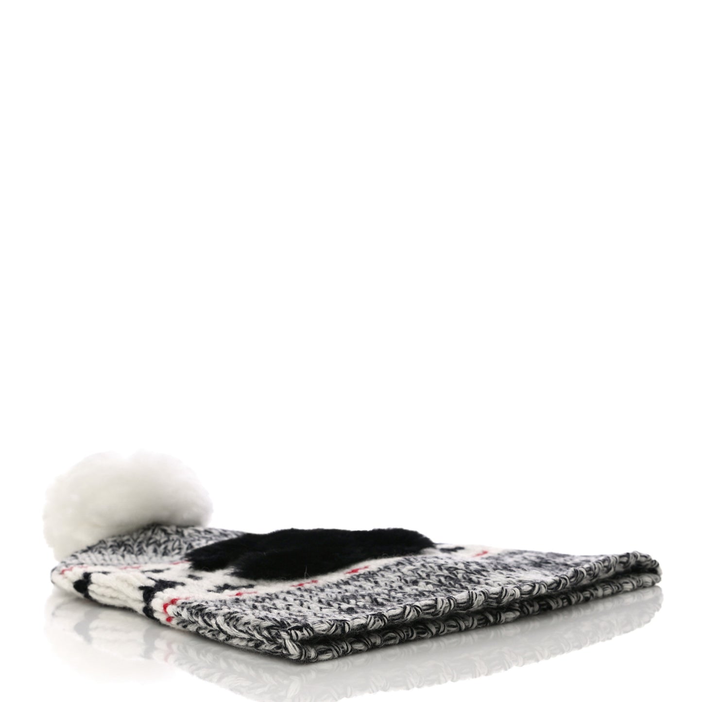 Wool Shearling CC Beanie Hat Ivory Black Red