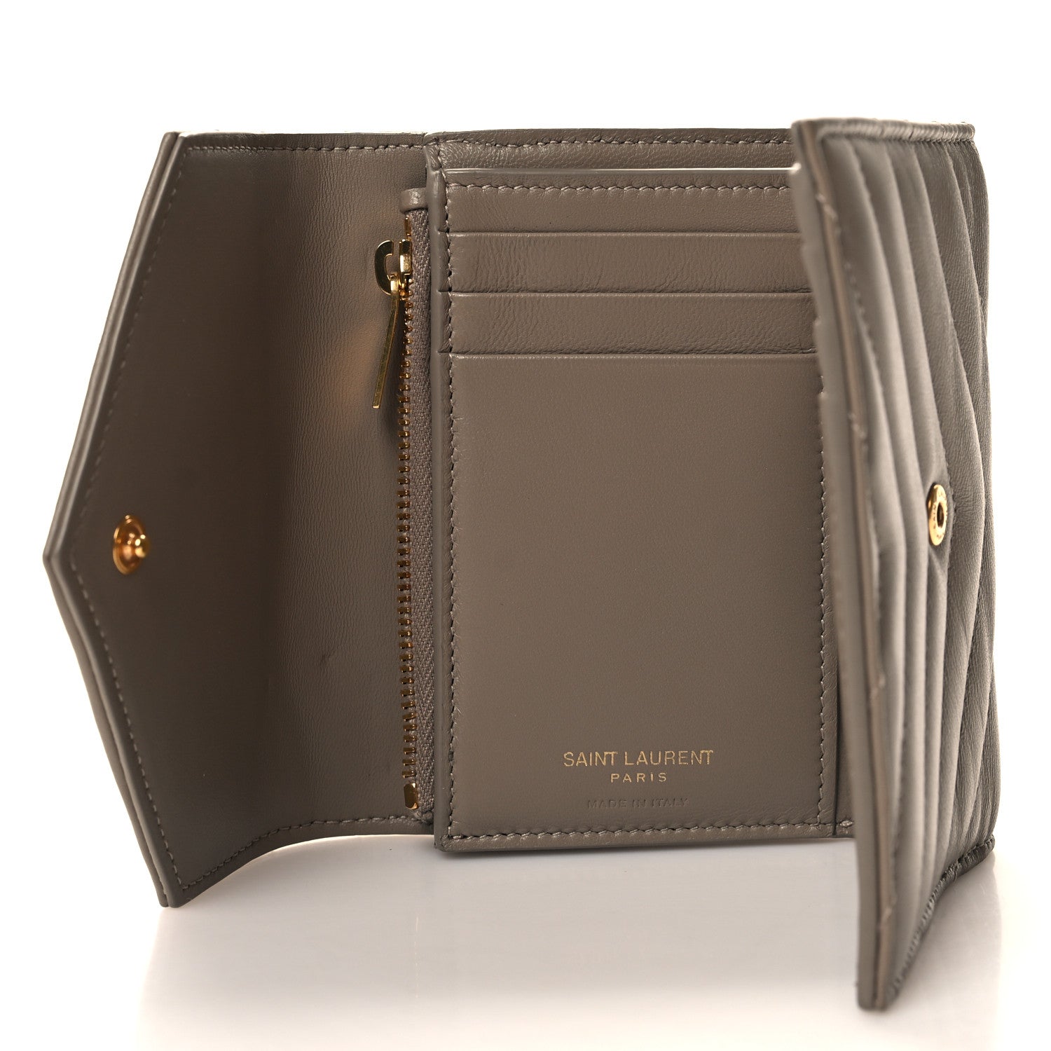 Saint Laurent Lambskin Matelasse Chevron Monogram Compact Tri Fold Wallet Dust Grey 5 of 6