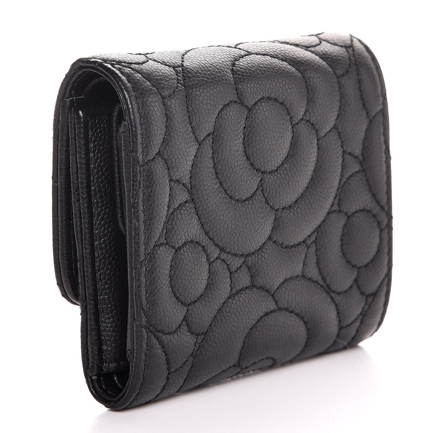 Caviar Camellia Embossed Compact Wallet Black