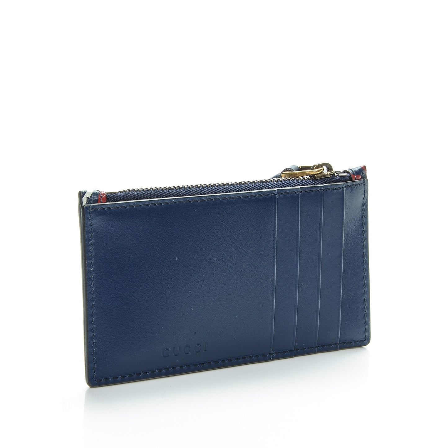 Calfskin GucciGhost Coin Case Card Holder Blue Agata Hibiscus Red