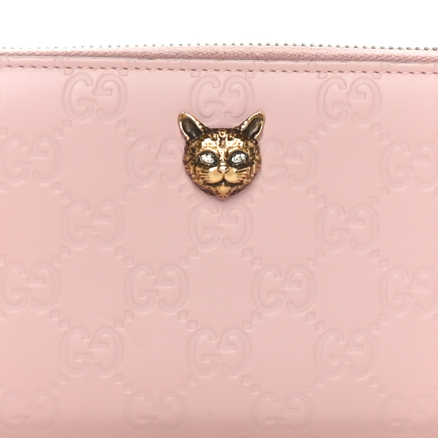 Guccissima Signature Crystal Cat Zip Around Wallet Light Candy Pink