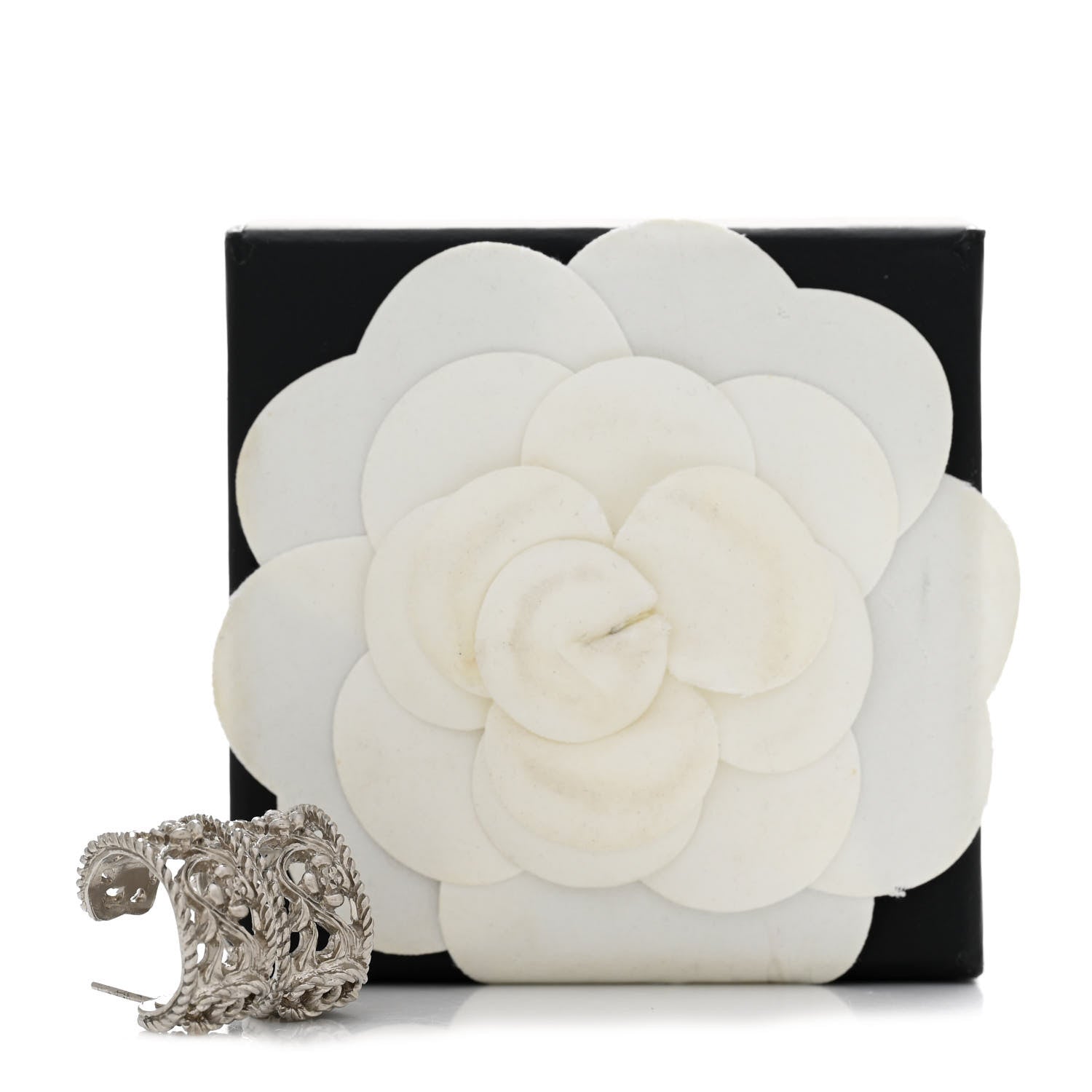 Chanel CC Camellia Hoop Earrings Silver 5 of 5