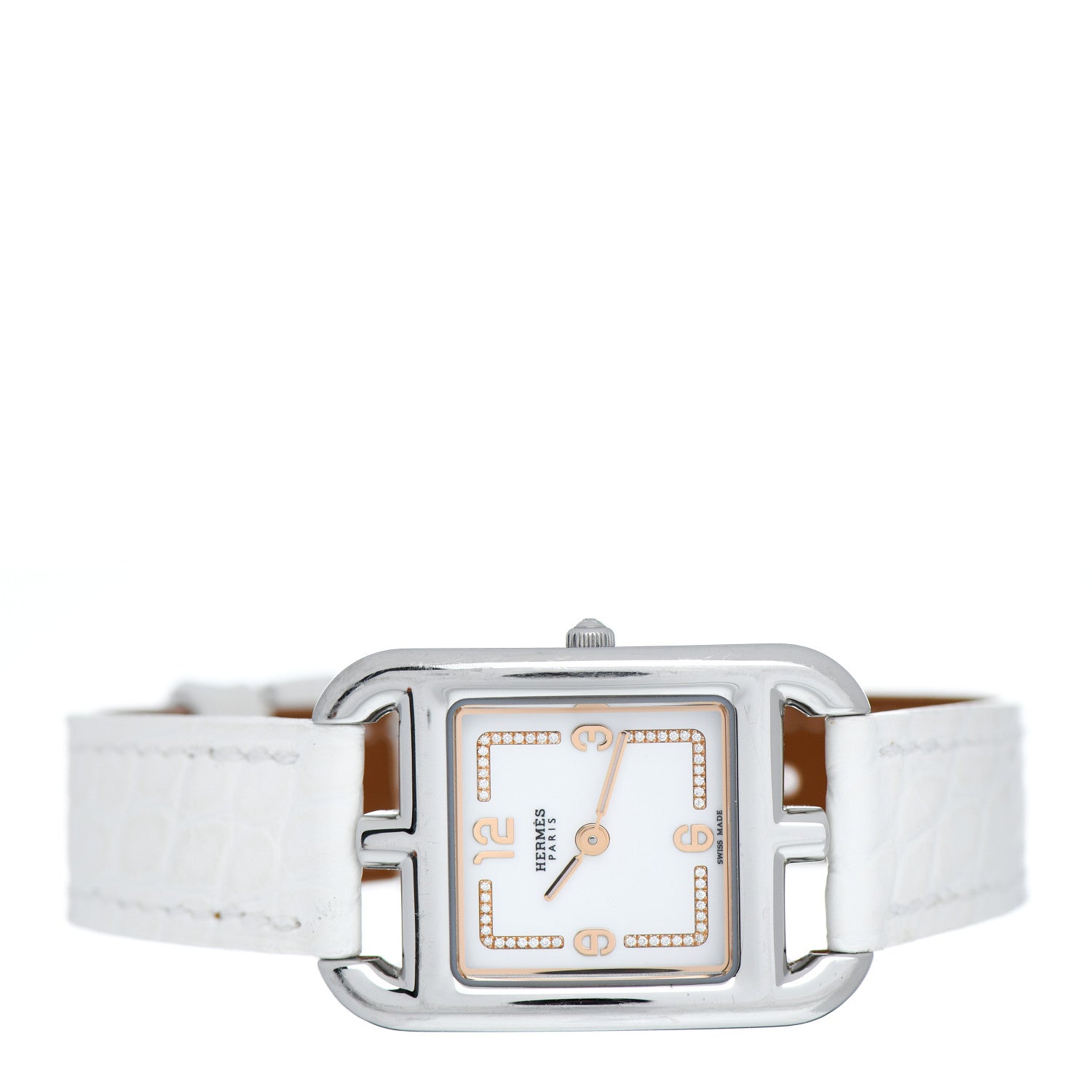 Hermes Stainless Steel Alligator Diamond 23mm Cape Cod Quartz Watch Blanc 2 of 5