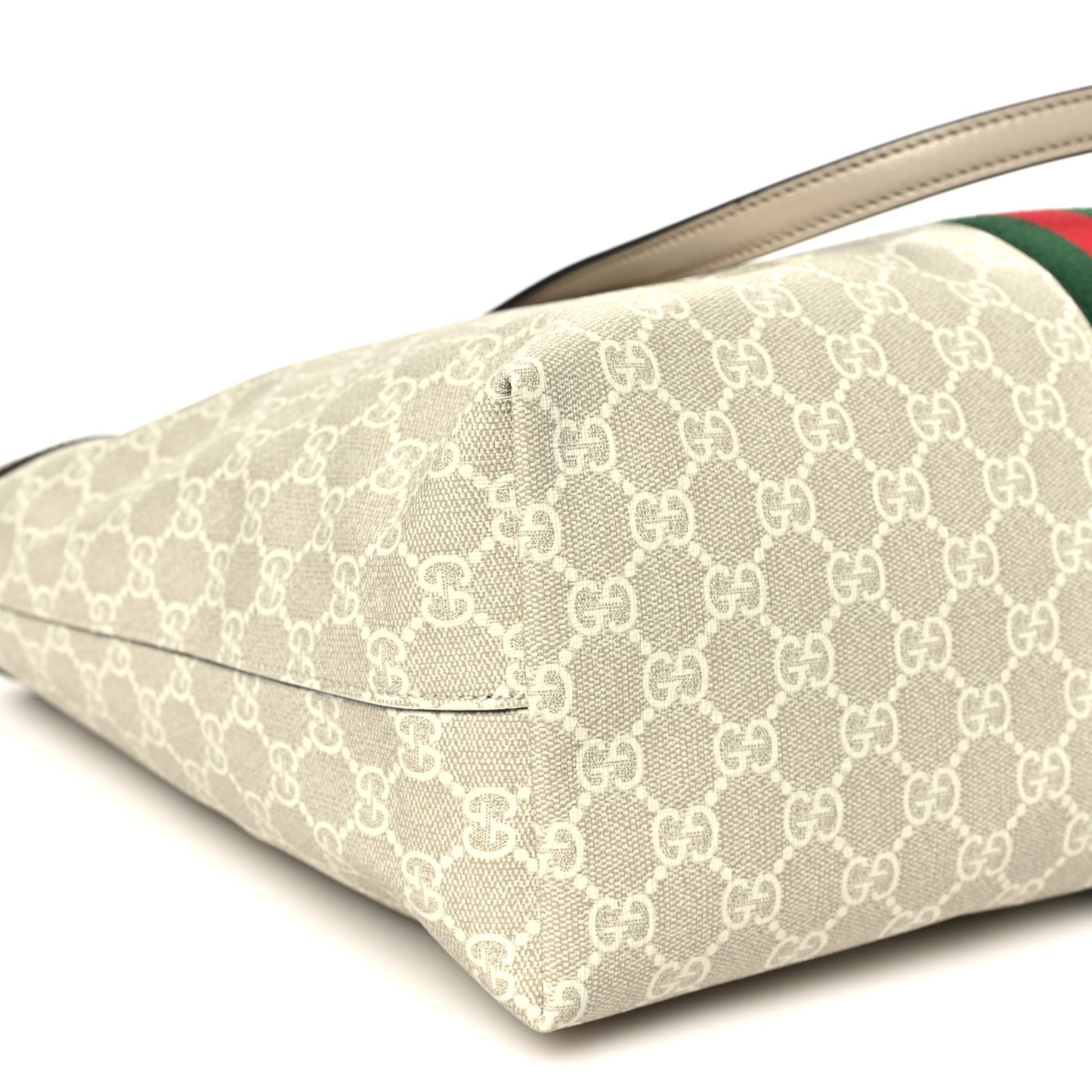 GG Supreme Monogram Textured Dollar Calfskin Web Medium Ophidia Shopping Tote Beige Mystic White Oatmeal