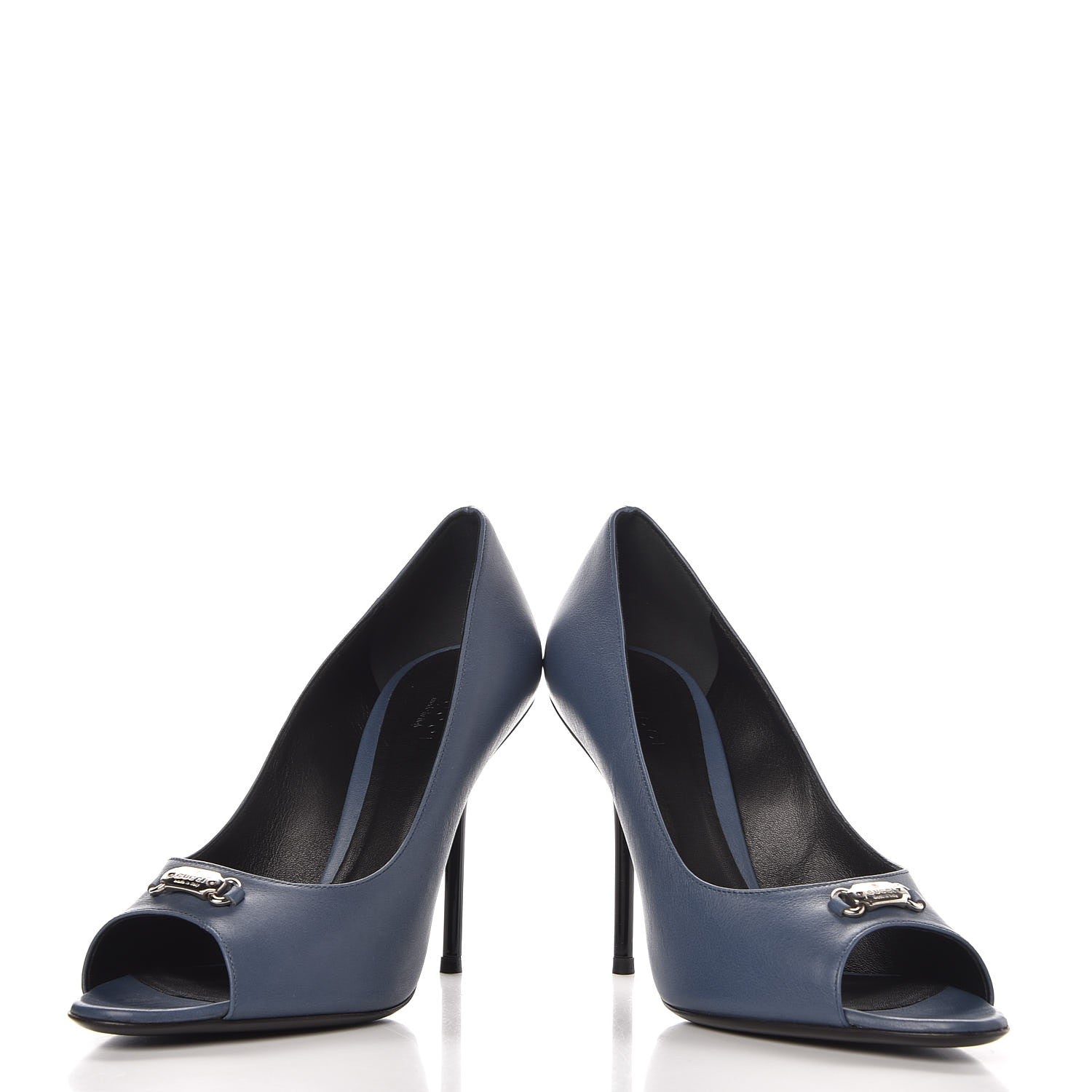 Gucci Calfskin Logo Plate Peep Toe Pumps 37.5 Admiral 5 of 11