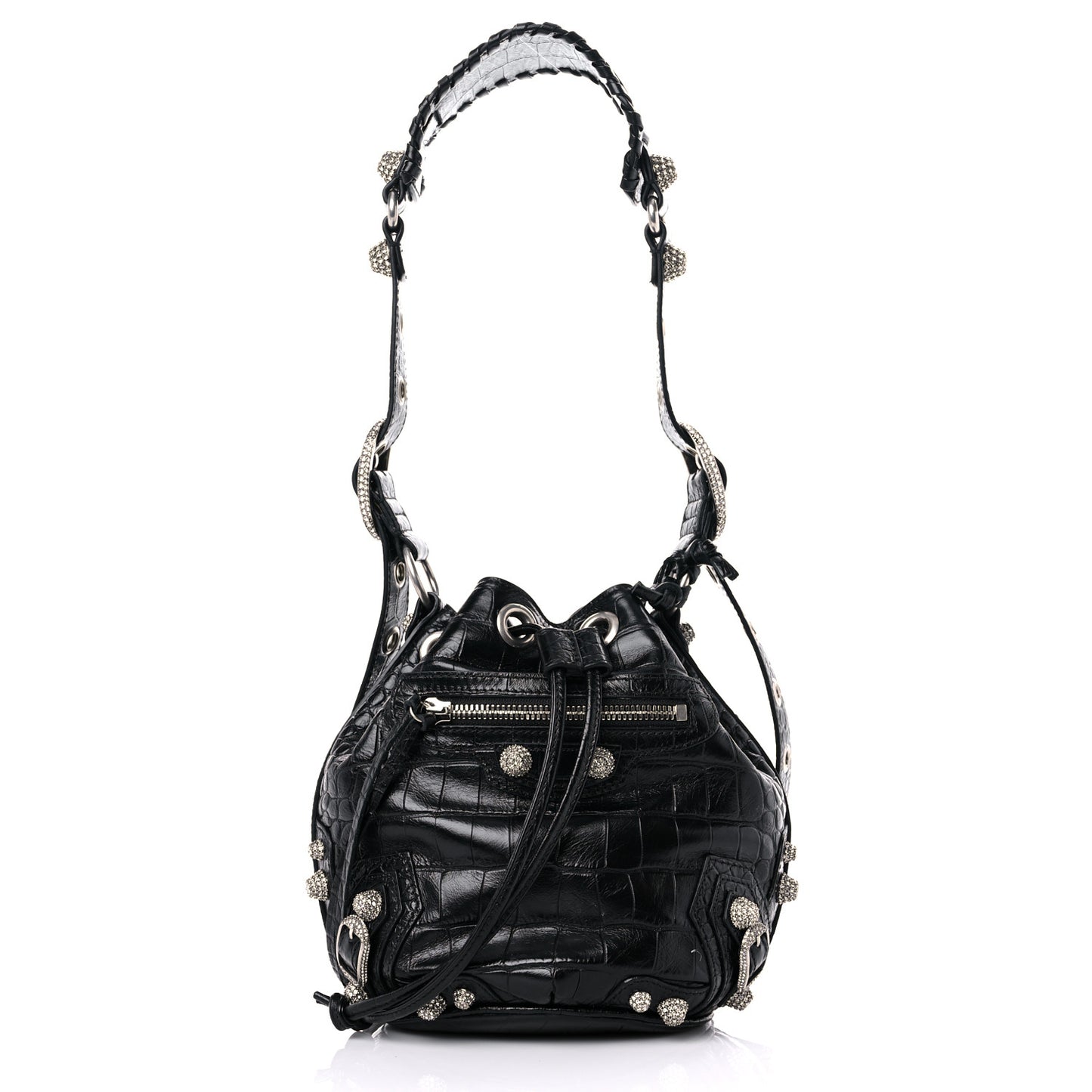 Extra Supple Calfskin Crystal Crocodile Embossed Le Cagole Bucket Bag XS Black