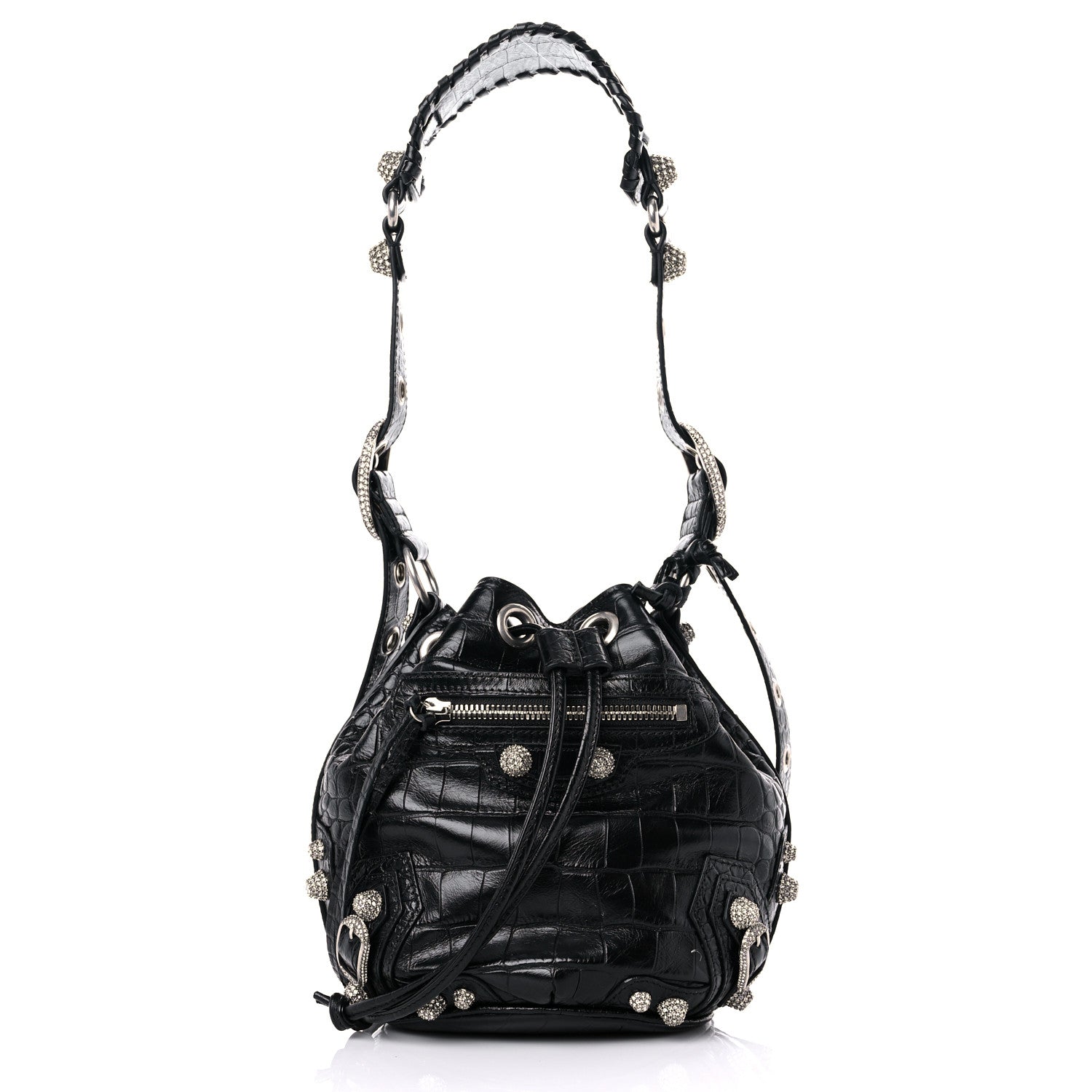 Balenciaga Extra Supple Calfskin Crystal Crocodile Embossed Le Cagole Bucket Bag XS Black 3 of 9