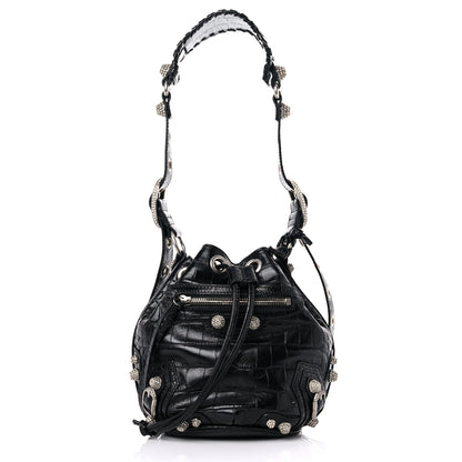 Balenciaga Extra Supple Calfskin Crystal Crocodile Embossed Le Cagole Bucket Bag XS Black 3 of 9
