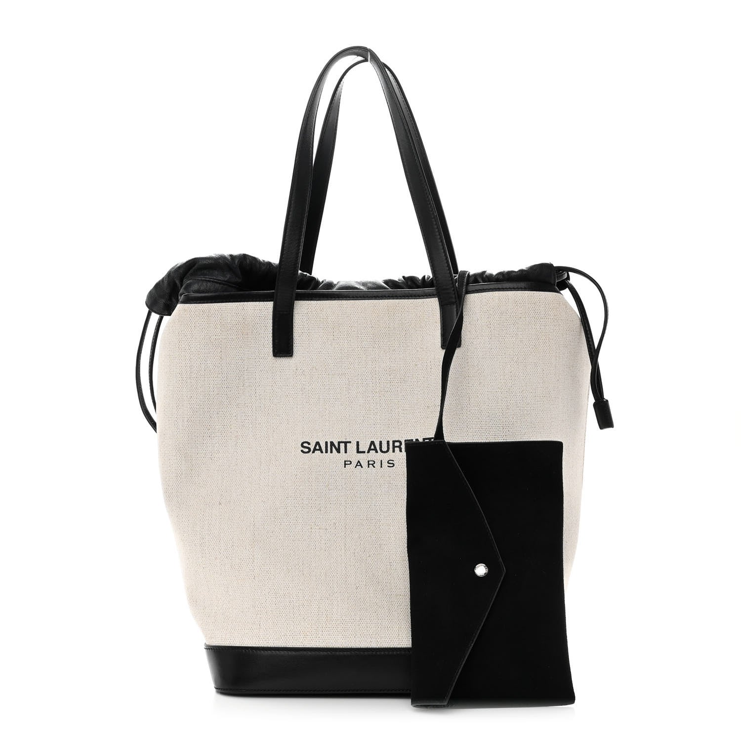 Saint Laurent Canvas Calfskin Teddy Drawstring Shopping Tote White Black 1 of 11