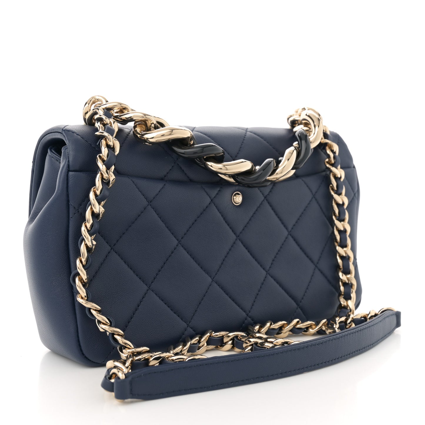 Lambskin Quilted Resin Bi-Color Chain Flap Bag Navy