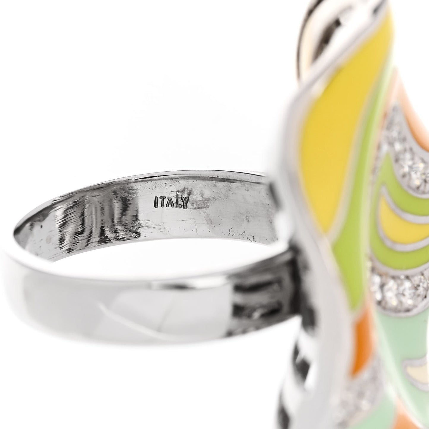 18K White Gold Diamond Enamel Ring 53 6.5 Multicolor