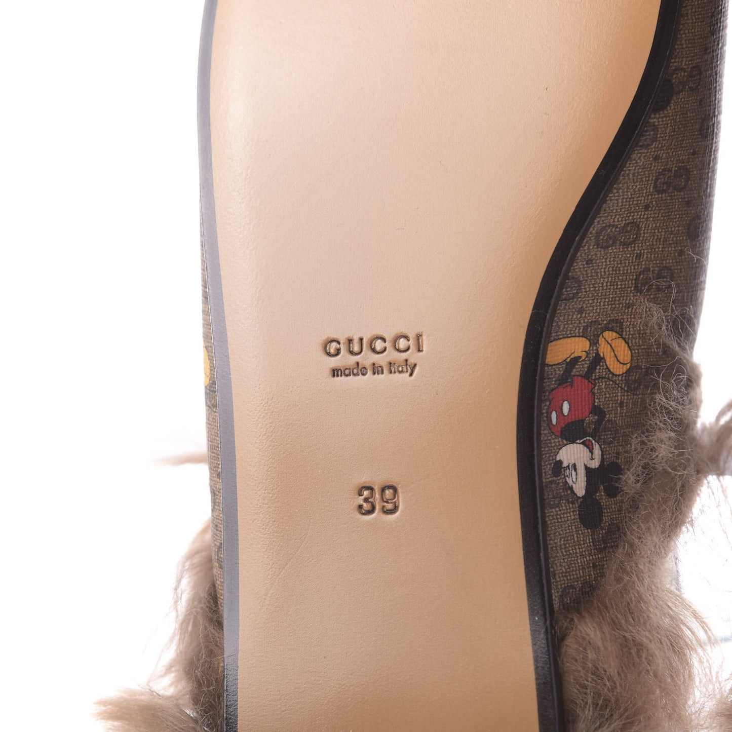 X DISNEY Mini Vintage GG Supreme Monogram Mickey Mouse Fur Womens Princetown Slippers 39 Beige Vintage Sun Oil