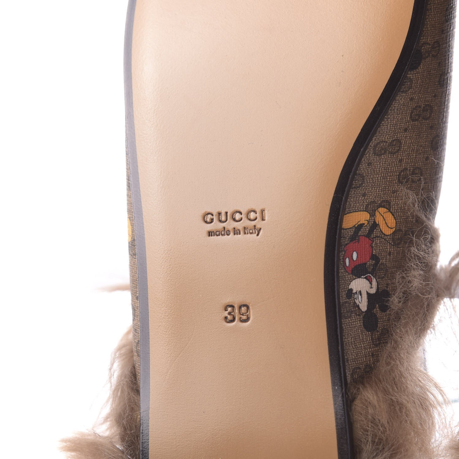 Gucci X DISNEY Mini Vintage GG Supreme Monogram Mickey Mouse Fur Womens Princetown Slippers 39 Beige Vintage Sun Oil 9 of 10