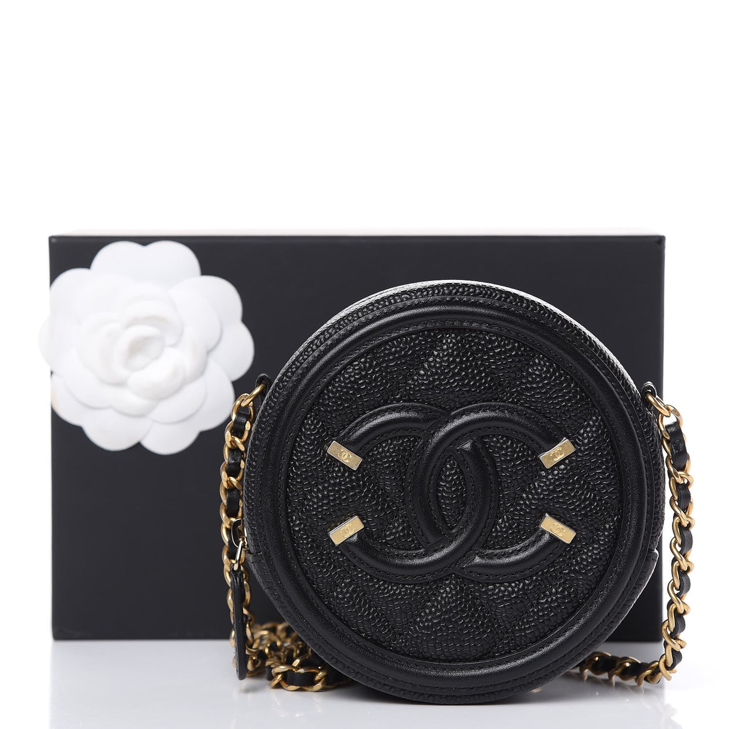 Caviar Quilted Round Filigree Crossbody Black