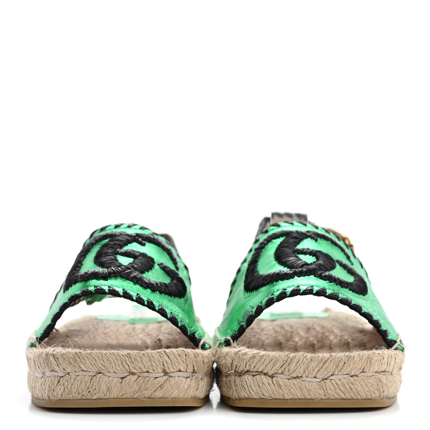 Gucci Metallic Nappa Embroidered Double G Espadrille Slingback Sandals 35 Green 3 of 17