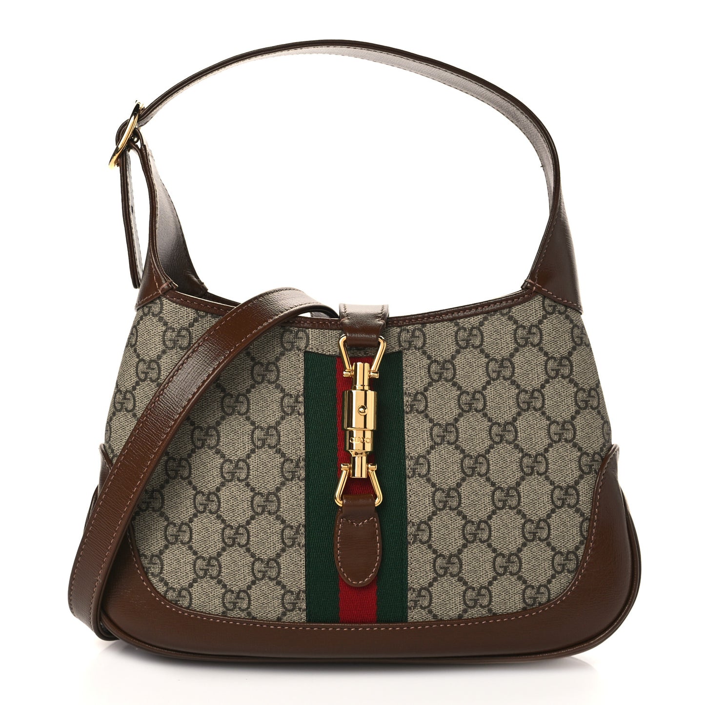 GG Supreme Monogram Azalea Calfskin Web Small Jackie 1961 Hobo Beige Ebony Brown Sugar