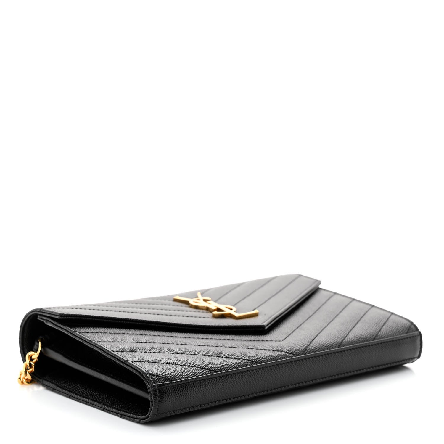 Saint Laurent Grain De Poudre Matelasse Chevron Monogram Chain Wallet Black 4 of 10