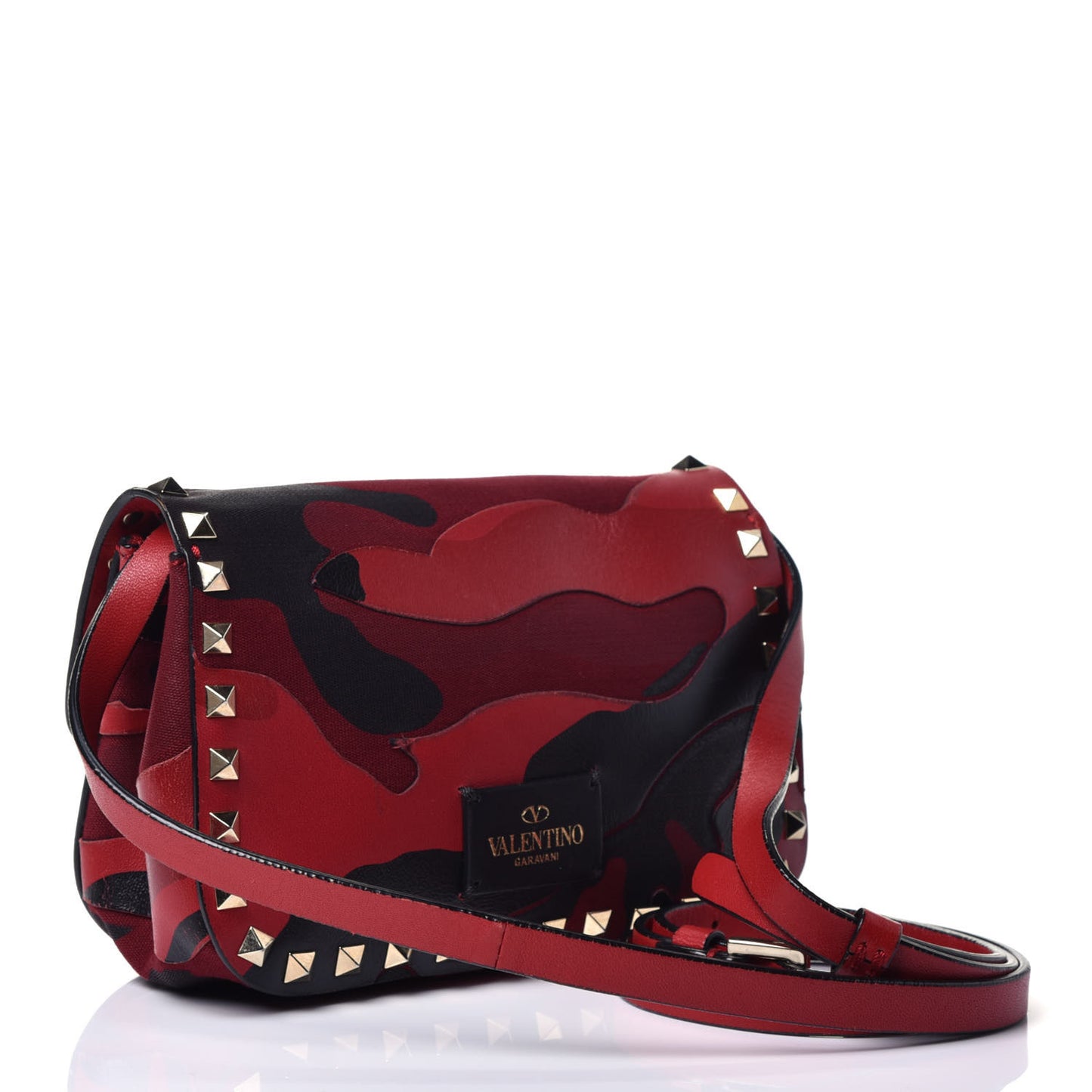Nappa Canvas Camouflage Mini Rockstud Flap Saddle Crossbody Bag Red