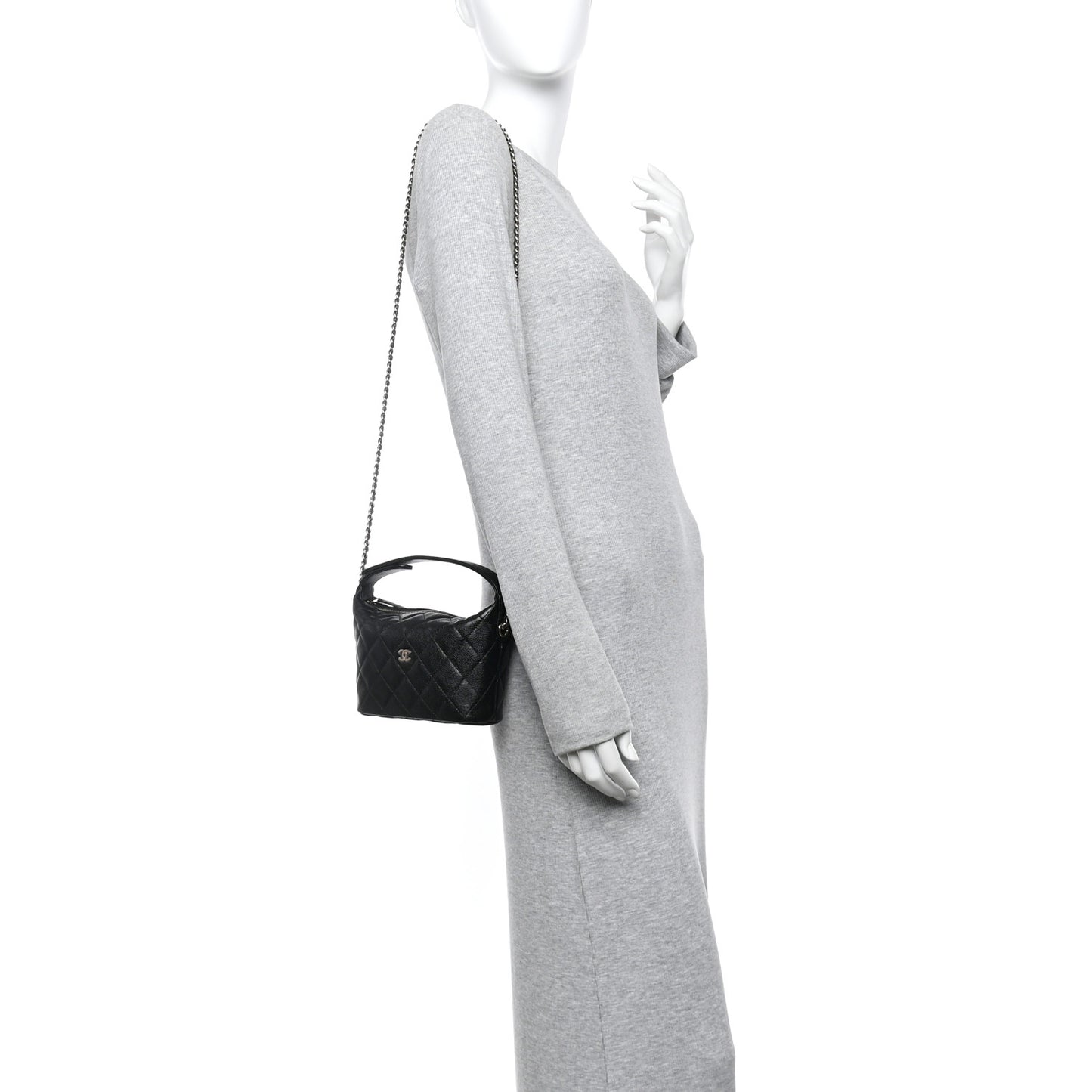Caviar Quilted Hobo Clutch With Chain Black