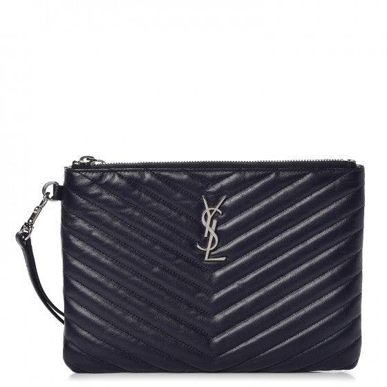 Saint Laurent Calfskin Matelasse Chevron Monogram A5 Wristlet Medium Blue 1 of 8