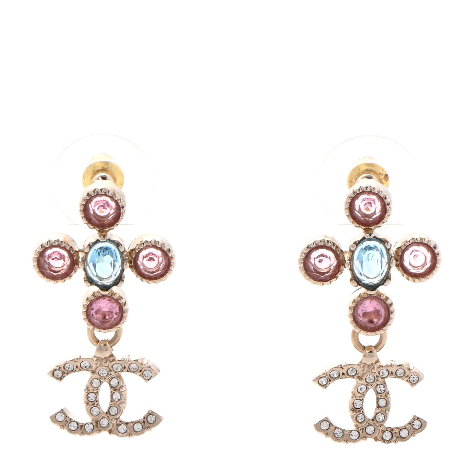 Chanel Crystal CC Drop Earrings Pink Blue Gold 1 of 4