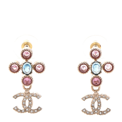 Chanel Crystal CC Drop Earrings Pink Blue Gold 1 of 4