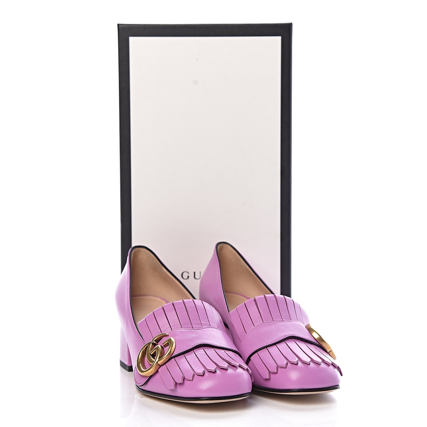 Malaga Kid GG Marmont Fringe 50mm Loafer Pumps 35.5 Candy Mousse