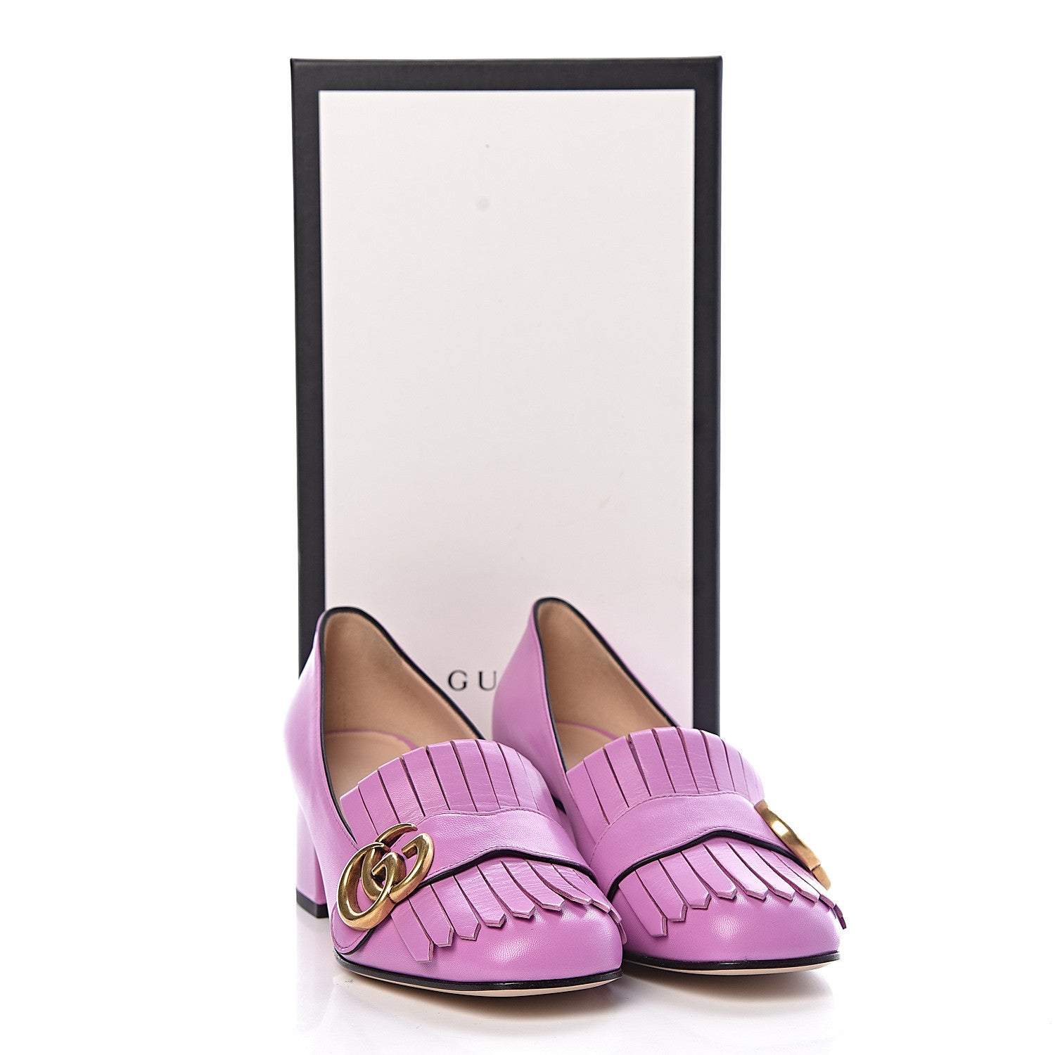 Gucci Malaga Kid GG Marmont Fringe 50mm Loafer Pumps 35.5 Candy Mousse 10 of 10