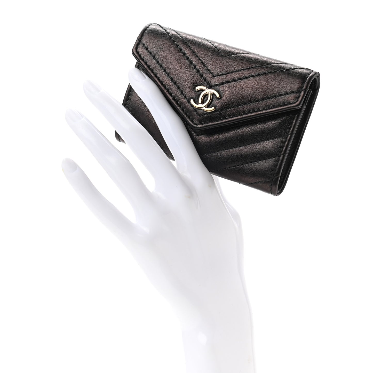 Calfskin Chevron Quilted Compact Flap Wallet Black
