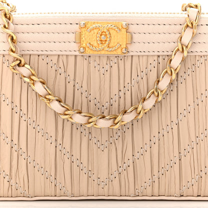 Chanel Crumpled Lambskin Chevron Quilted Pleated Small Boy Clutch With Chain Beige 11 of 13