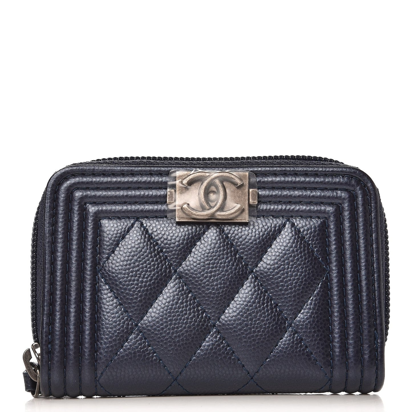 Metallic Caviar Quilted Boy Zip Around Coin Purse Wallet Navy
