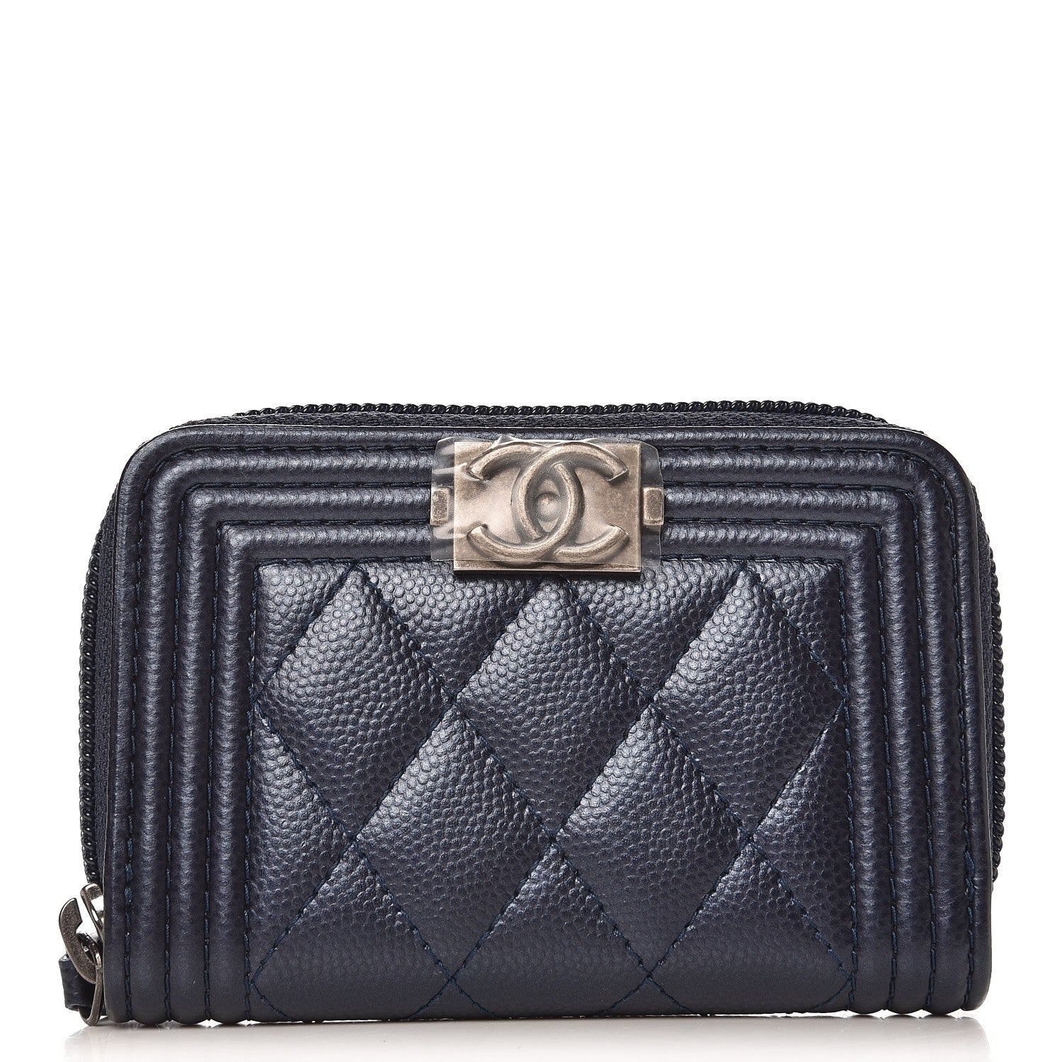 Chanel Metallic Caviar Quilted Boy Zip Around Coin Purse Wallet Navy 1 of 7