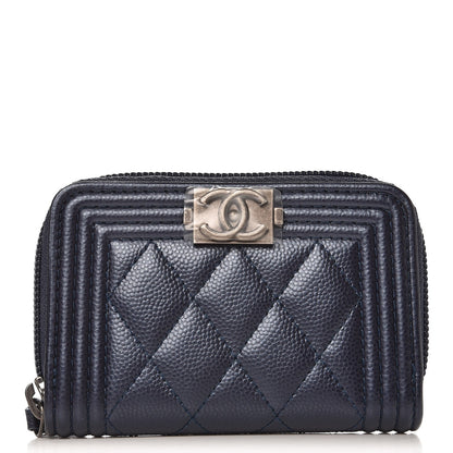 Chanel Metallic Caviar Quilted Boy Zip Around Coin Purse Wallet Navy 1 of 7