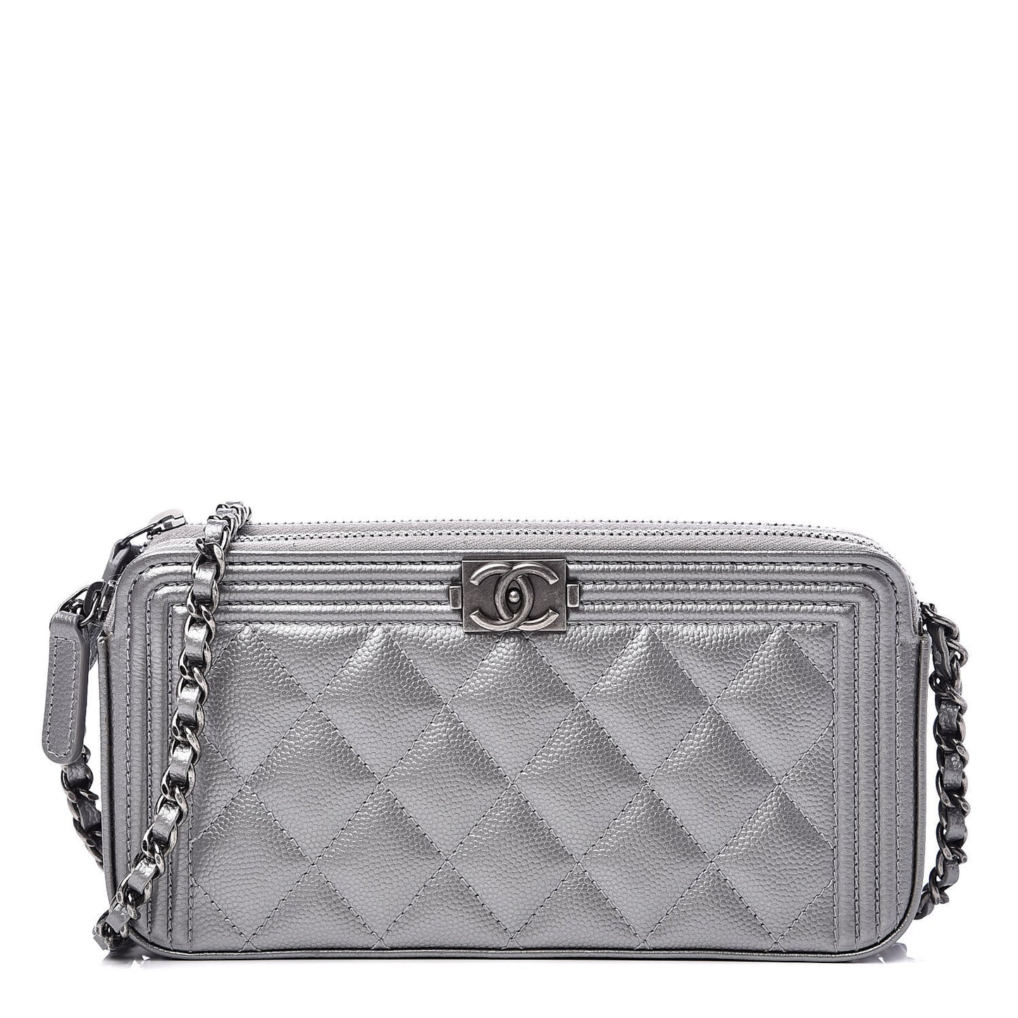 Metallic Caviar Quilted Small Boy Clutch With Chain Silver