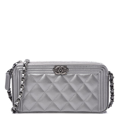 Chanel Metallic Caviar Quilted Small Boy Clutch With Chain Silver 1 of 14