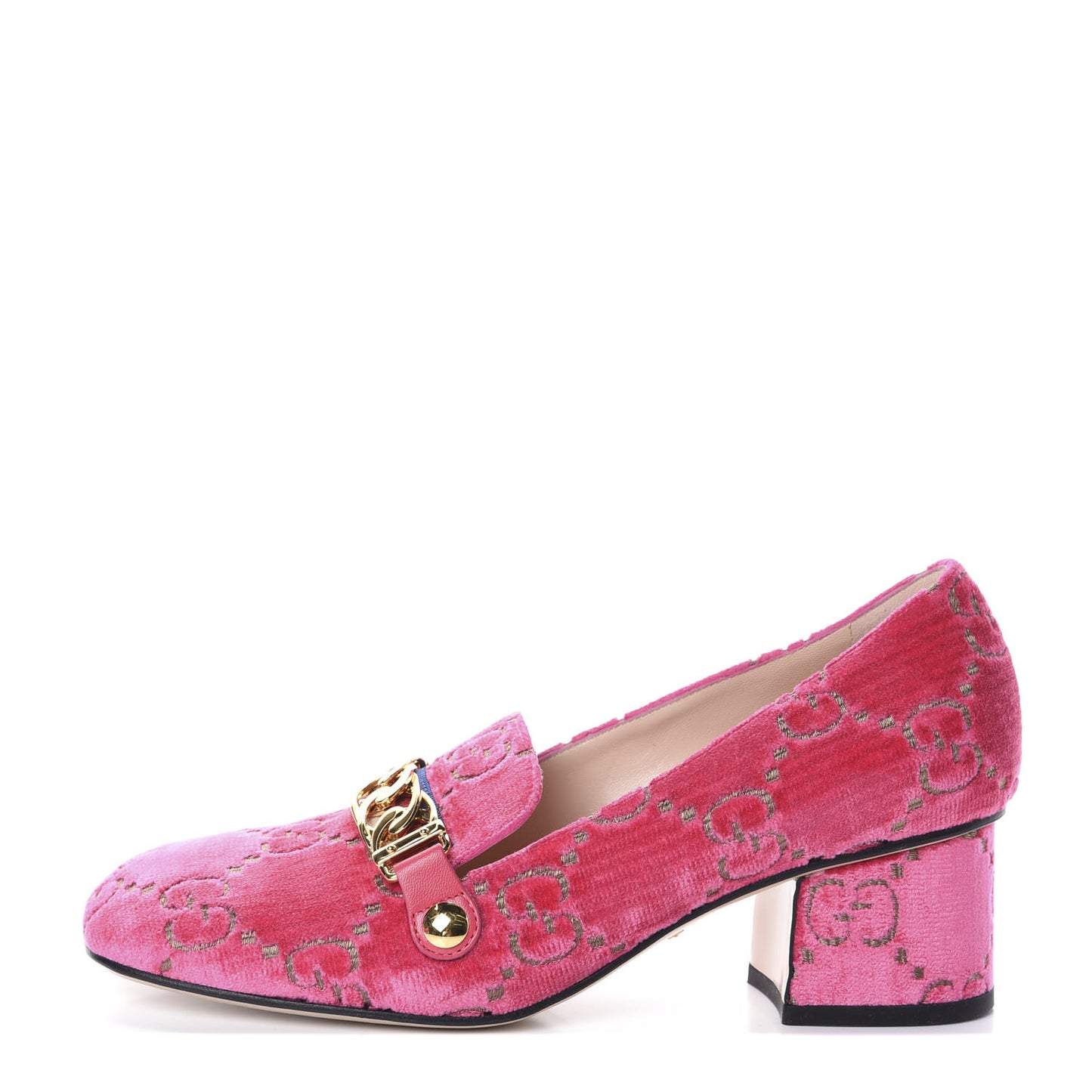Velvet GG Monogram Sylvie Web Chain Mid Heel Loafers 37.5 Bright Pink