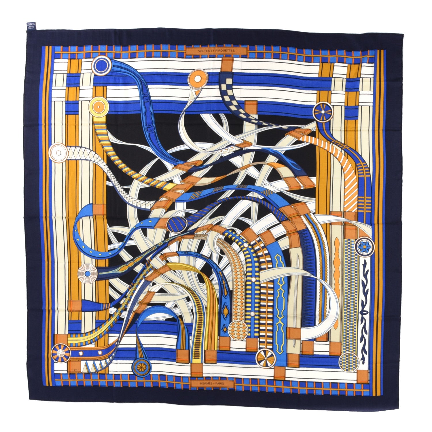 Hermes Cashmere Silk Voltes Et Pirouettes Shawl 140 Bleu Marine Gold White 1 of 6