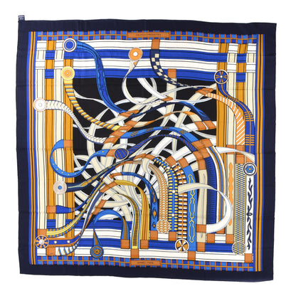 Hermes Cashmere Silk Voltes Et Pirouettes Shawl 140 Bleu Marine Gold White 1 of 6
