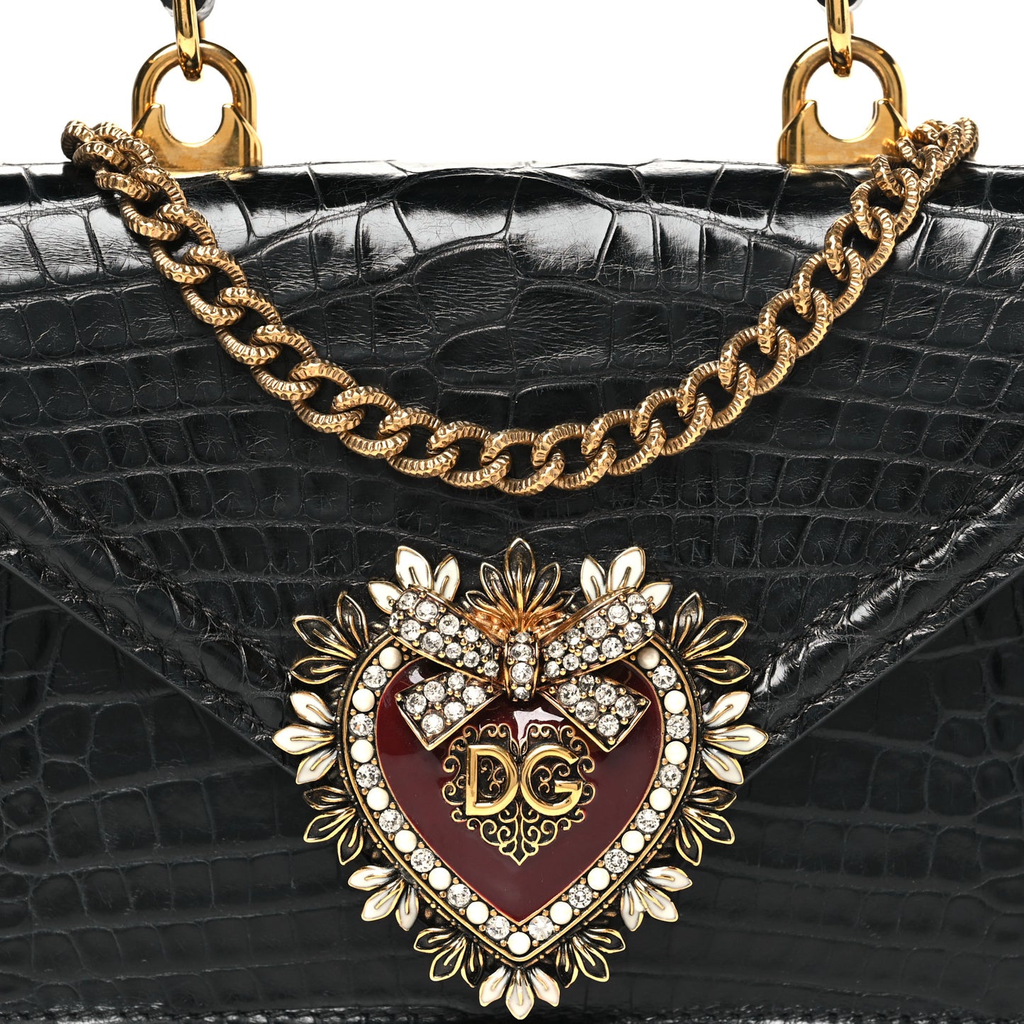 Shiny Alligator Devotion Envelope Top Handle Bag Black