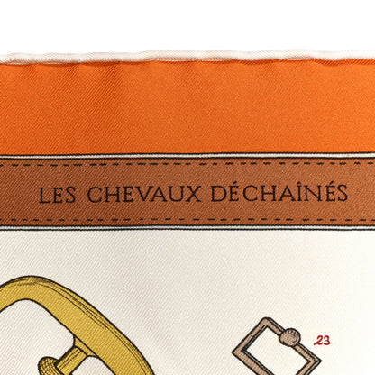 Hermes Silk Les Cheveaux Dechaines Scarf 90 Cream Orange Cuit 5 of 5