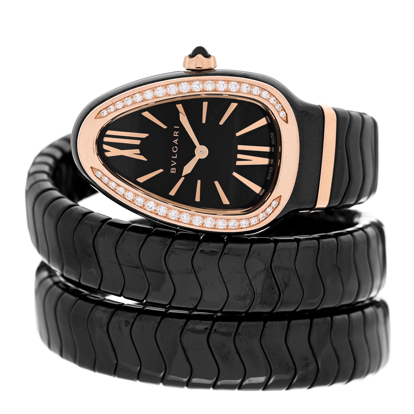 18K Rose Gold Ceramic Diamond Bezel 35mm Serpenti Tubogas Double Spiral Quartz Watch Black