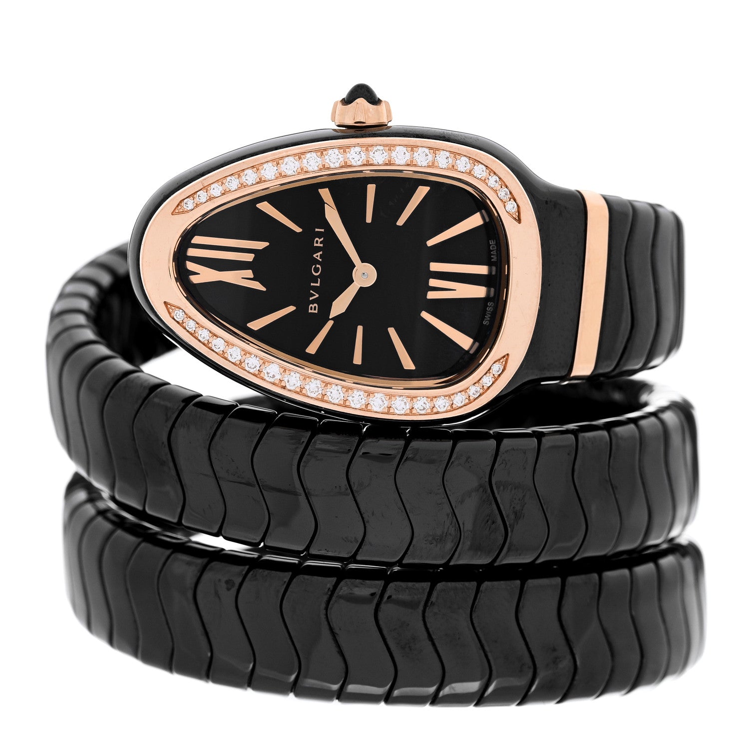 Bulgari 18K Rose Gold Ceramic Diamond Bezel 35mm Serpenti Tubogas Double Spiral Quartz Watch Black 2 of 4