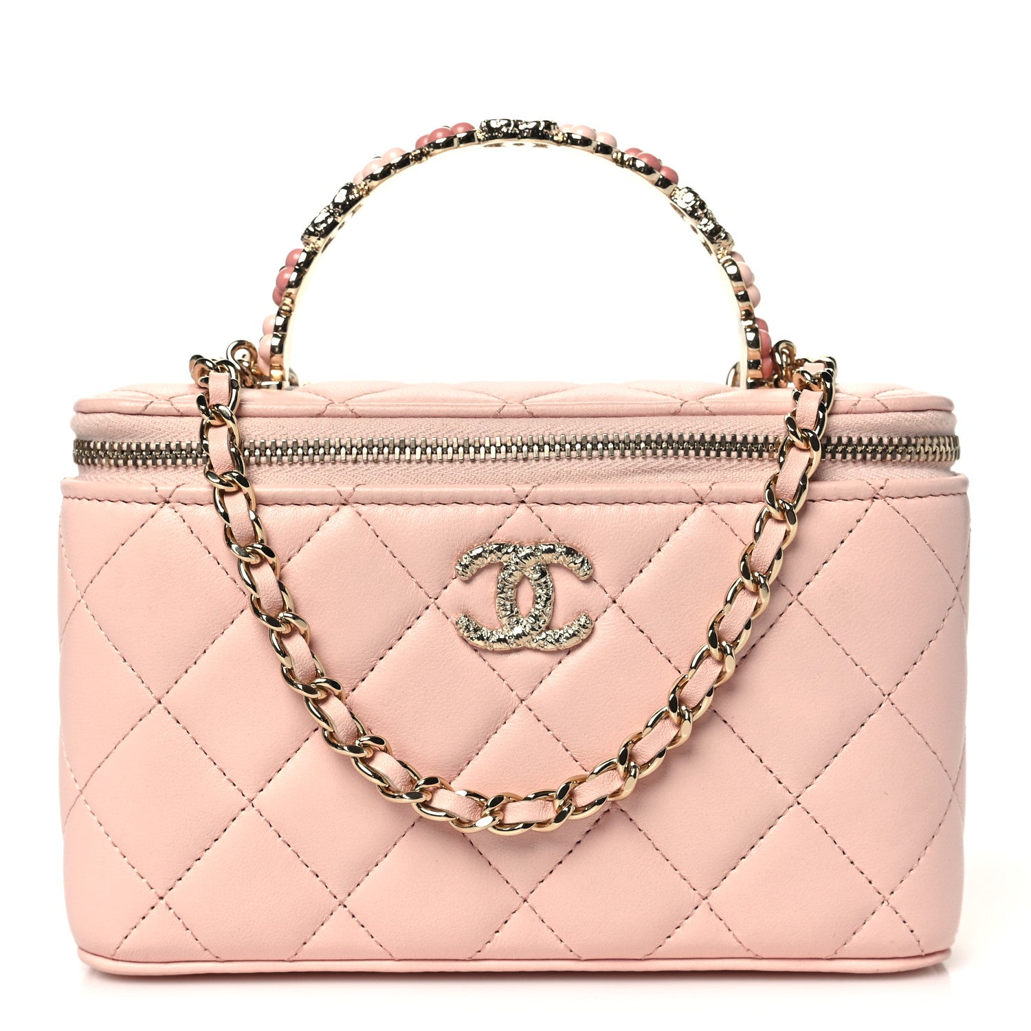 Chanel Lambskin Quilted Metal Enamel Flower Mini Top Handle Vanity Case With Chain Light Pink 1 of 11