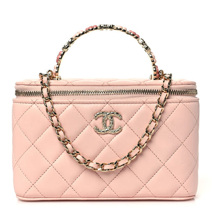 Chanel Lambskin Quilted Metal Enamel Flower Mini Top Handle Vanity Case With Chain Light Pink 1 of 11