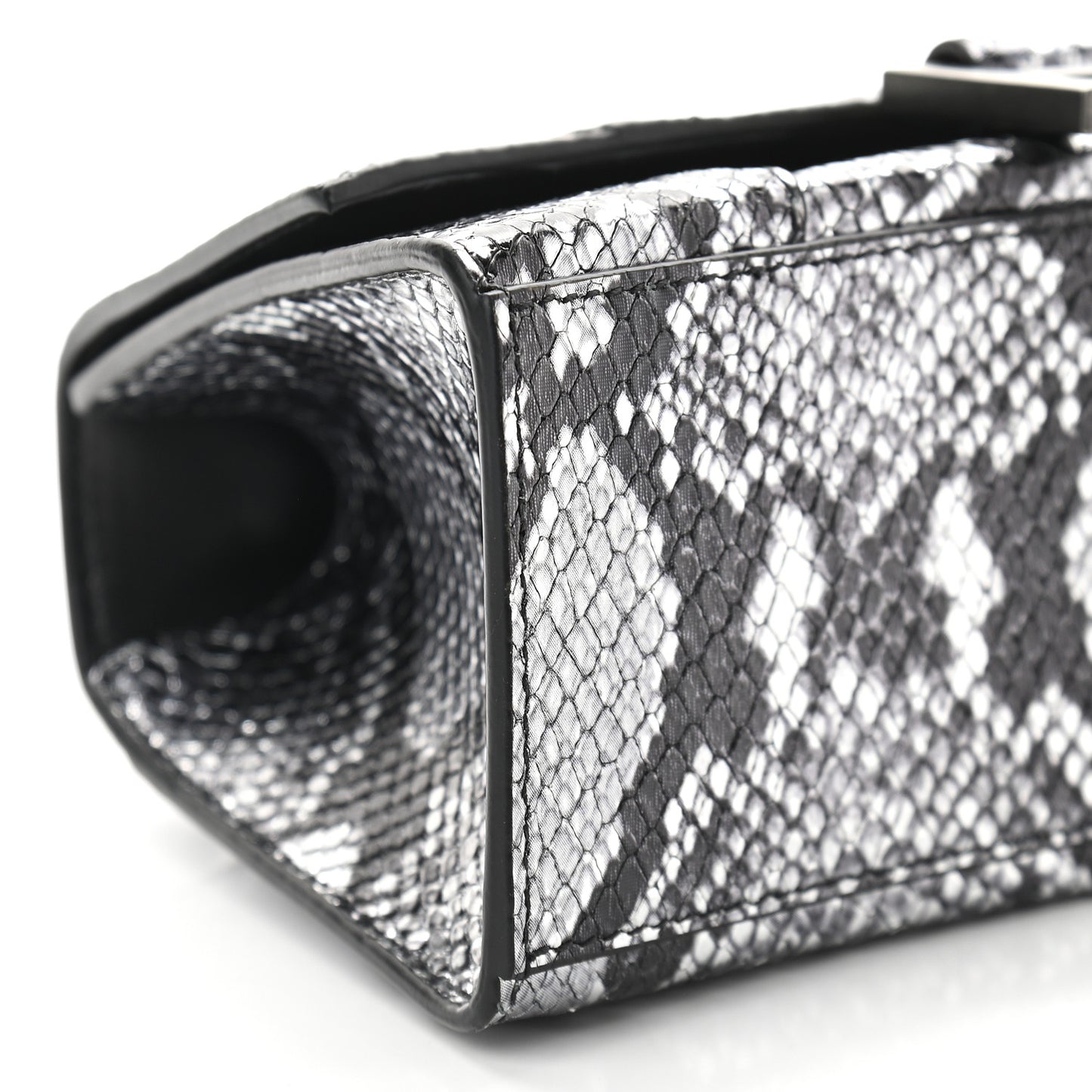 Shiny Calfskin Snakeskin Embossed Hourglass Top Handle Bag XS Silver Black